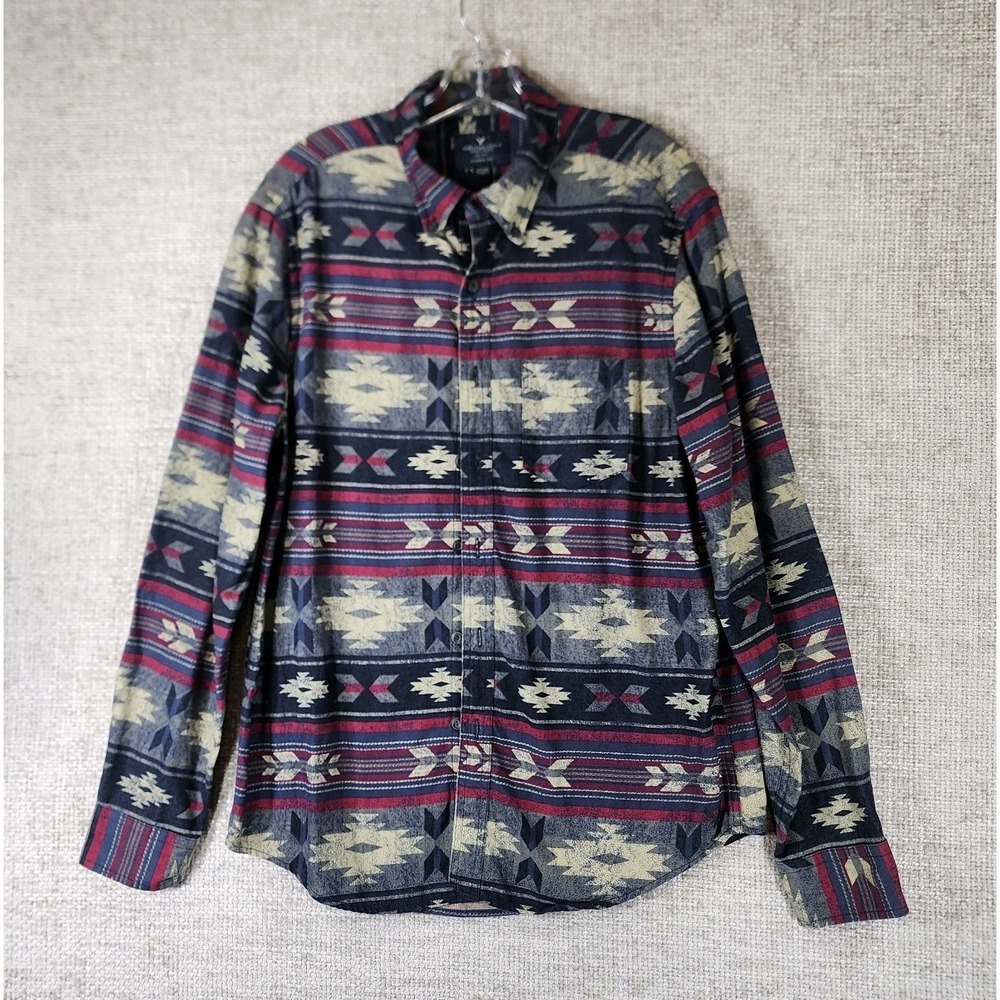 American Eagle Southwestern Print Shirt Mens M Blue Red Aztec Classic Fit EUC